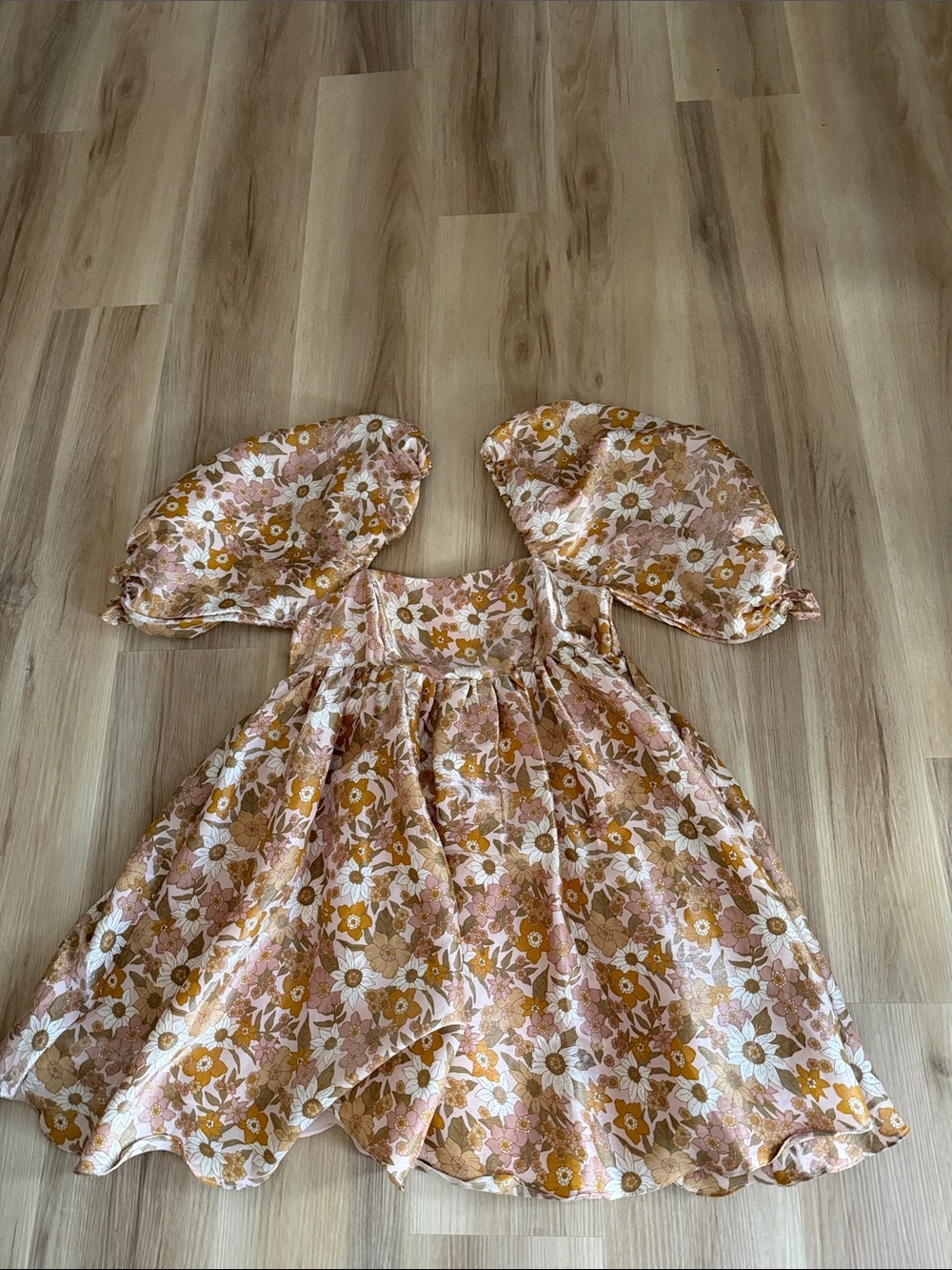 Floral Puff-Sleeve Women’s Dress in Pink and Mustard